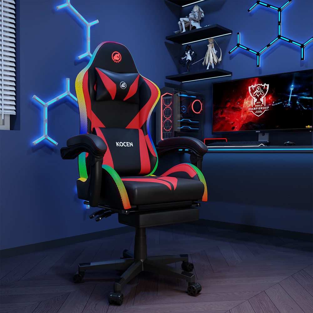 PU Deri Kumaş Oyun Koltuğu, Çok Renkli Ayarlanabilir RGB Işıklı Espor Koltuğu, USB ile Çalışan, Uzaktan Kumandalı